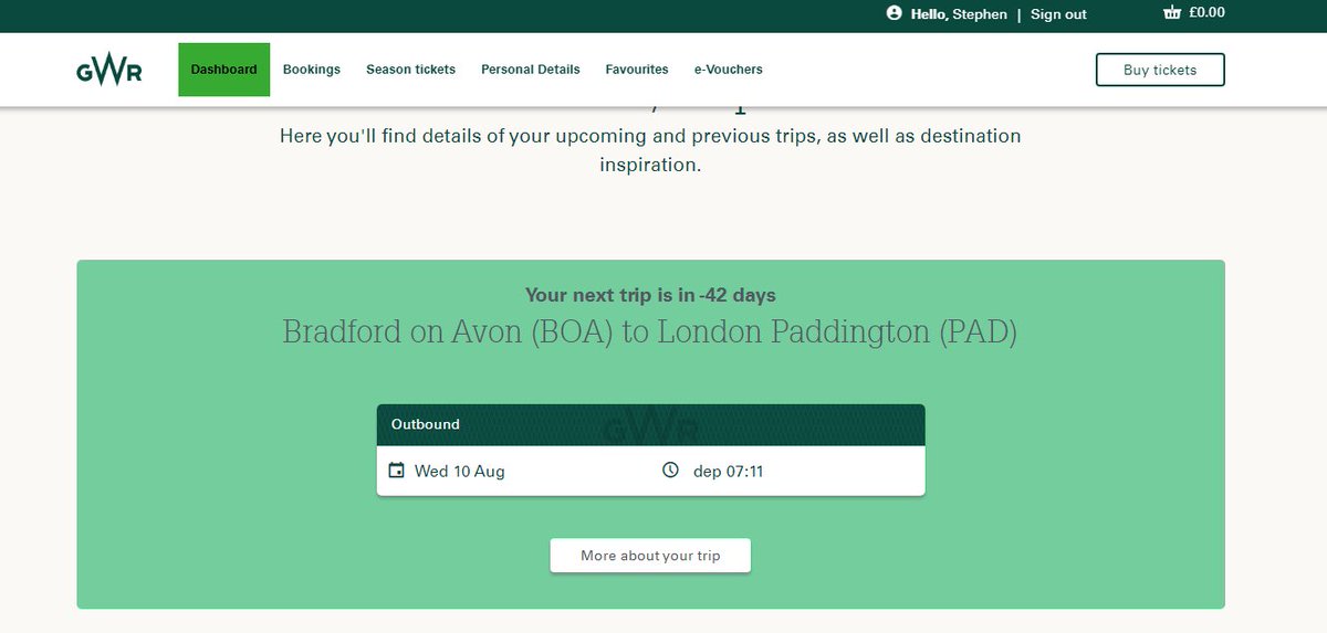 ⁦<a href="/GWRHelp/">GWR</a>⁩ something weird is going on with your website, my next journey is 10th August, -42 days time!🤔 Also using your app for todays travel the ticket is correct but when I look at the reserved seat it’s for the 10th August.Can someone unblock and remove that ‘ticket’?