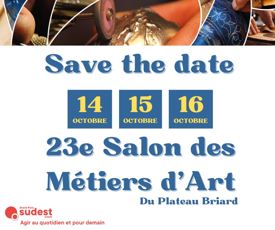 📆SAVE THE DATE
Les 14, 15 et 16 octobre 2022 se tiendra la 23e édition du Salon des Métiers d'Art du Plateau Briard

Plus d'infos : bit.ly/3UuozW8
#savoirfaire #metierdart #madeinfrance #artisanatlocal #art #sima2022 #artisanat #SudEstAvenir #GPSEA #valdemarne #tourisme