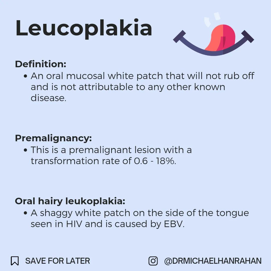 Leukoplakia is a condition in which one or more white patches or spots (lesions) forms inside the mouth. Leukoplakia is different from other causes of white patches such as thrush or lichen planus because it can eventually develop into oral cancer.

 #medicine