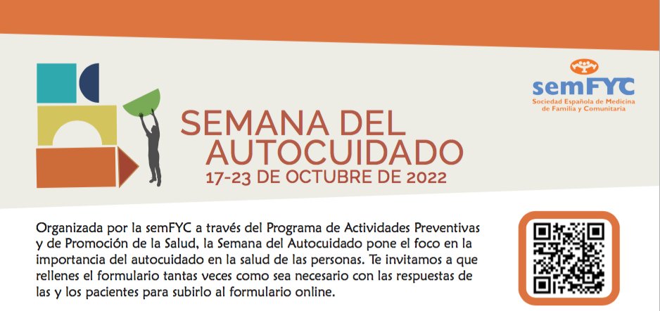 Del 17 al 21 de octubre se celebra la #SemanaAutocuidado2022
Nos gustaría que tus pacientes participasen en la encuesta de este año:

docs.google.com/forms/d/e/1FAI… 

El plazo finaliza el día 5 de octubre.

🟠🔵
 #Yomédicodefamilia
#Yomédicadefamilia