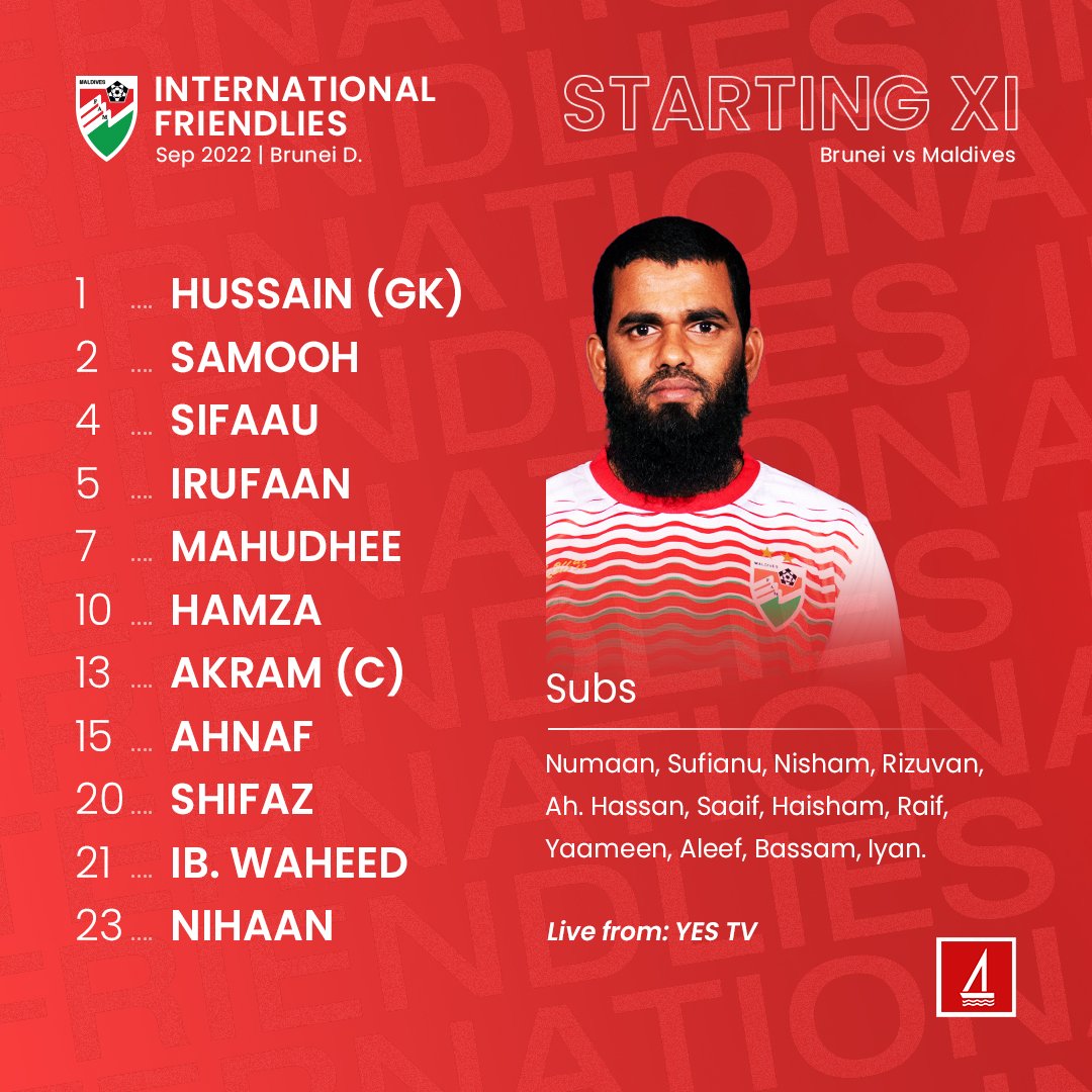 Starting XI 🇧🇳🇲🇻
The match will be live on YES TV.

#internationalfriendlies #bruneimaldives