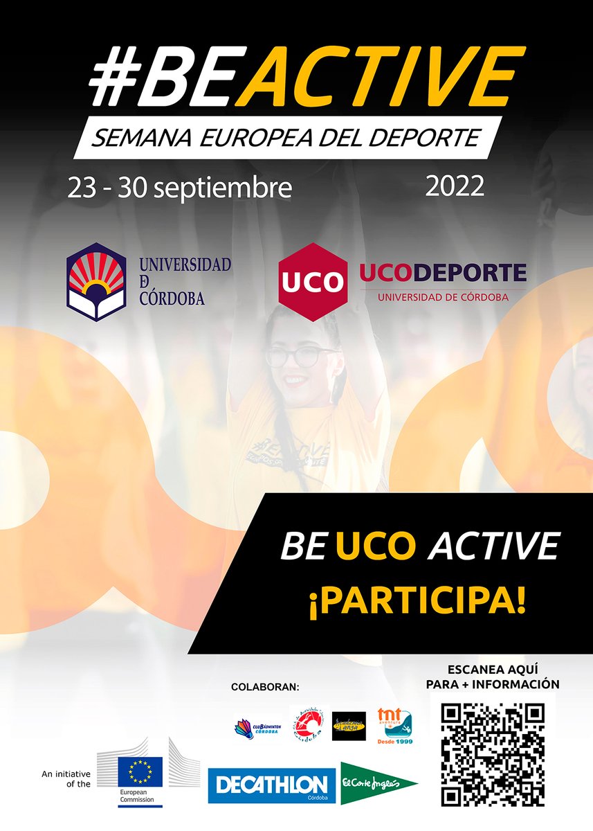 Ucodeporte (@ucodeporte_) on Twitter photo #BeActive #BeUCOactive
Participa y disfruta de las instalaciones, actividades y encuentros deportivos de la #SemanaEuropeadelDeporte en la <a href="/Univcordoba/">Universidad Córdoba</a> del 23 al 30 de septiembre. Inscripción gratuita para comunidad UCO.
+Info en el QR del cartel y en:
▶️ ucodeporte.es #BeActive #BeUCOactive
Participa y disfruta de las instalaciones, actividades y encuentros deportivos de la #SemanaEuropeadelDeporte en la <a href="/Univcordoba/">Universidad Córdoba</a> del 23 al 30 de septiembre. Inscripción gratuita para comunidad UCO.
+Info en el QR del cartel y en:
▶️ ucodeporte.es
