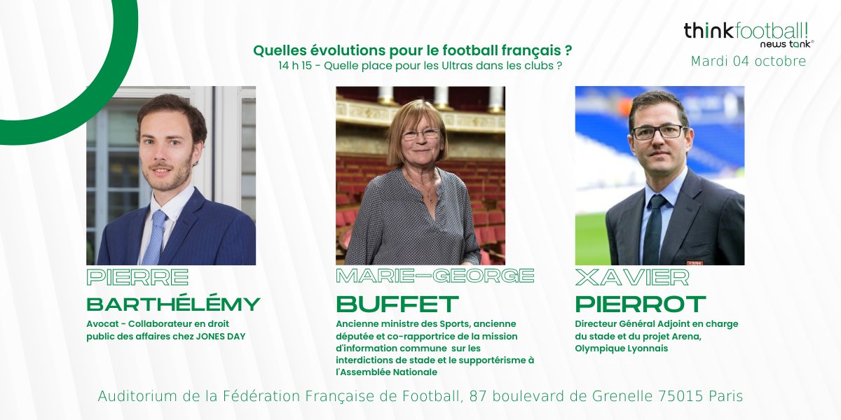 NewsTankFoot's tweet photo. 💡 Intervenants #ThinkFootball - Mardi 4 octobre 2022
⏲️14 h 15 - Quelle place pour les Ultras dans les clubs ?
🎙️Avec P. Barthélémy ( @JonesDay), Marie-George Buffet et X. Pierrot ( @OL)
Inscriptions ➡️https://t.co/icwUvQCbL6
📍 @FFF
#sportbusiness https://t.co/dyVR8ifxn4