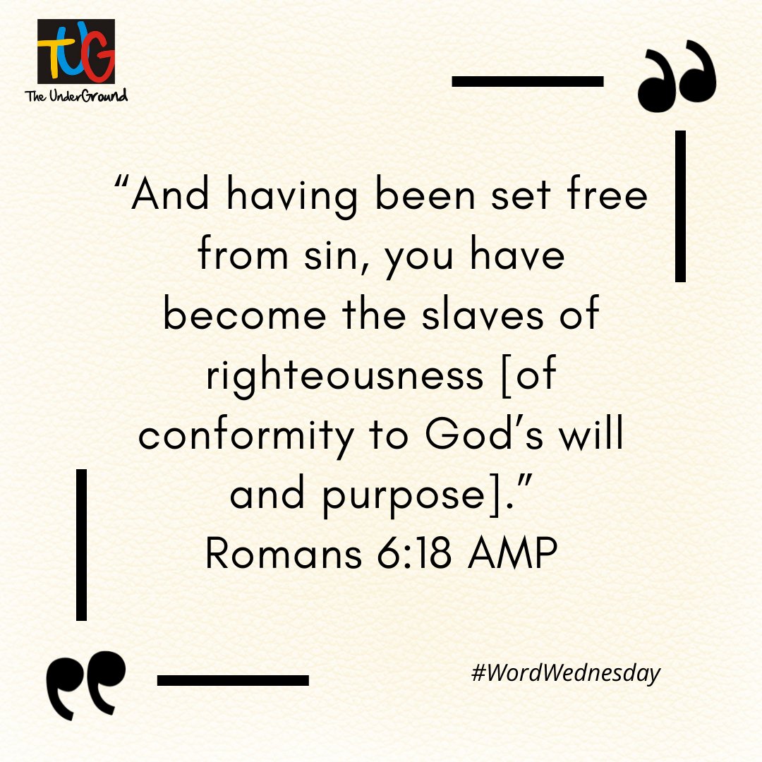 TUGmovement's tweet photo. “And having been set free from sin, you have become the slaves of righteousness [of conformity to God’s will and purpose].”
Romans 6:18 AMP

#word #wordwednesday #wednesday #TUG https://t.co/rP8E3uff9M
