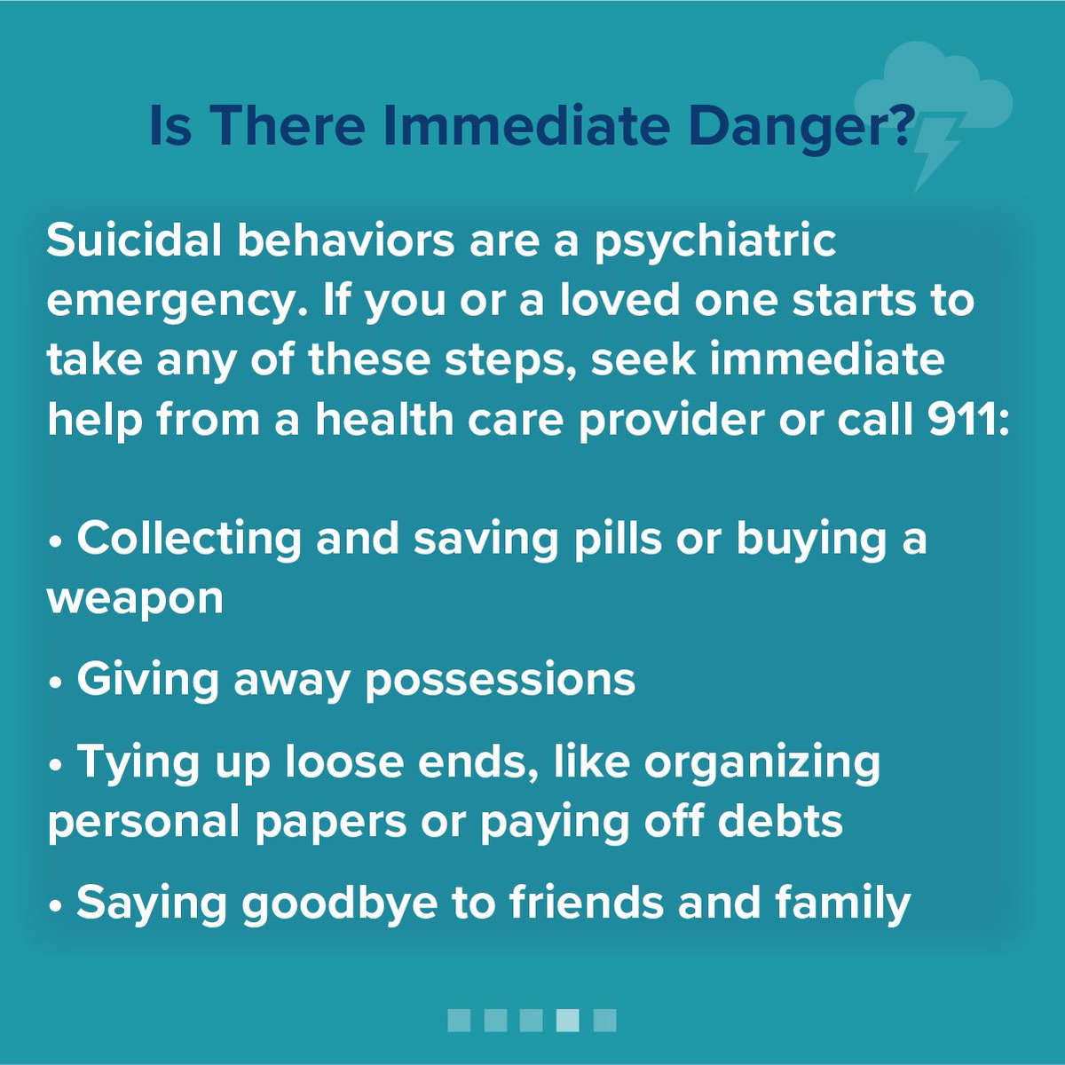 Suicidal behaviors are a psychiatric emergency. If you or a loved one starts to take any of these steps, seek immediate help from a health care provider or call 988 to reach the Suicide &amp; Crisis Lifeline.

#SuicidePreventionAwarenessMonth #Together4MH