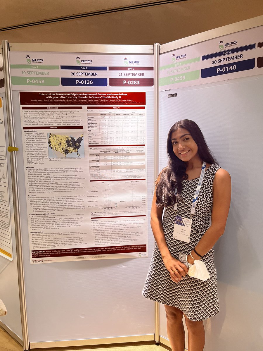 Drop by my poster (P-0283, right by the coffee/lunch area) today to learn more about our work on associations and interactions between #greenness, #walkability, #nSES, and symptoms of #generalizedanxiety in the NHSII cohort! @ISEE_global #isee2022