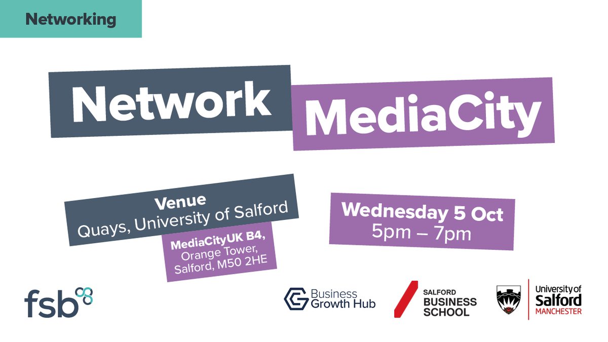 Salford Business School is hosting the Federation of Small Businesses (FSB) 

Join us on 5 Oct from 5pm to 7pm to meet other businesses from across Greater Manchester and beyond! To get involved, register here: ow.ly/Srzx50KLA9f