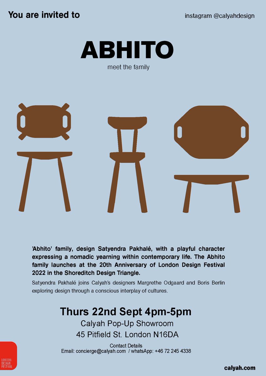 'Abhito' family, design Satyendra Pakhalé, launches at the 20th Anniversary of <a href="/L_D_F/">London Design Festival</a> 2022 in the <a href="/ShoreditchDT/">Shoreditch DT</a> 

Thurs 22nd Sept 4pm-5pm
Calyah Pop-Up Showroom
45 Pitfield St. London N16DA

#AbhitoFamily #SPtravelprojects #londondesignfestival