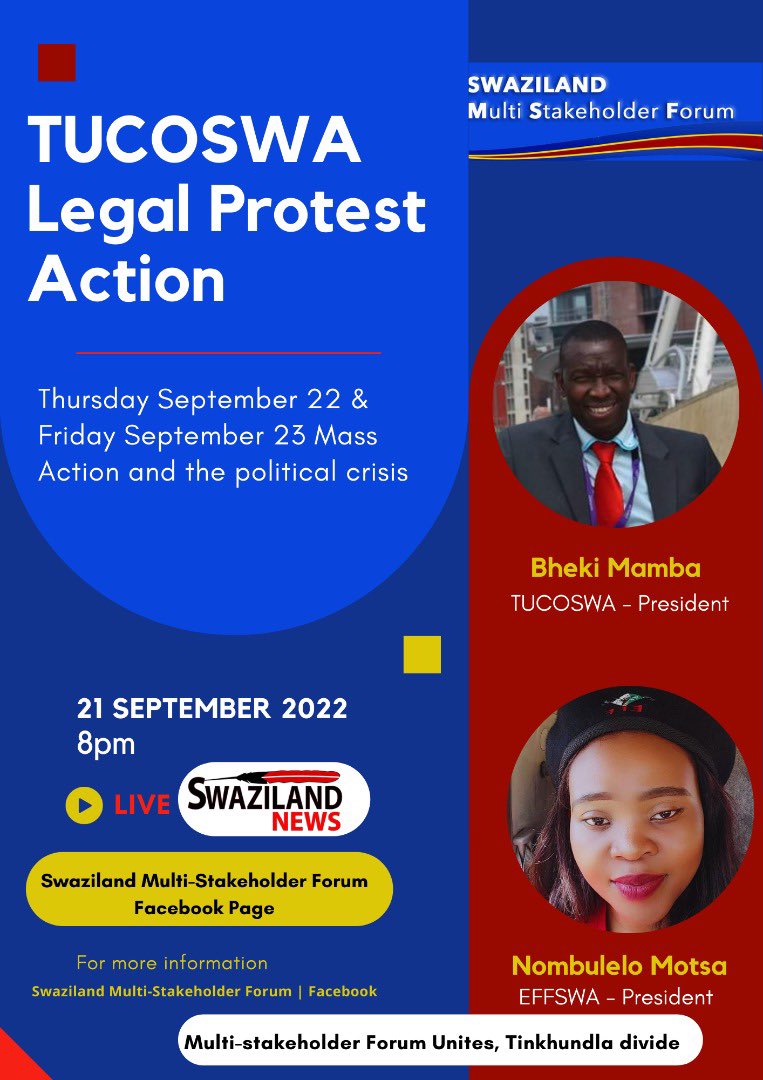 Join us tonight at 8pm on <a href="/SwaziNews/">Swaziland News</a> as the 2 Presidents speak on the <a href="/tucoswa/">TUCOSWA</a> Legal Protest Action slated for tomorrow and Friday.  
#ItIsTime 
#PowerToThePeople 
#Asikakhohlwa 
#WeWillNeverForget