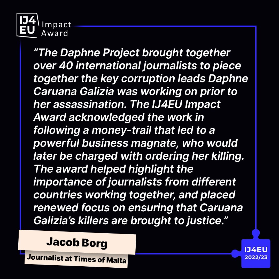 ECPMF's tweet photo. @globalfreemedia @ejcnet 💬 @BorgJake – journalist at @TheTimesofMalta, #DaphneProject, #IJ4EU Impact Award 2021 winner – on the nominated project and what it means to win the award: https://t.co/OPXyWp7ZbA