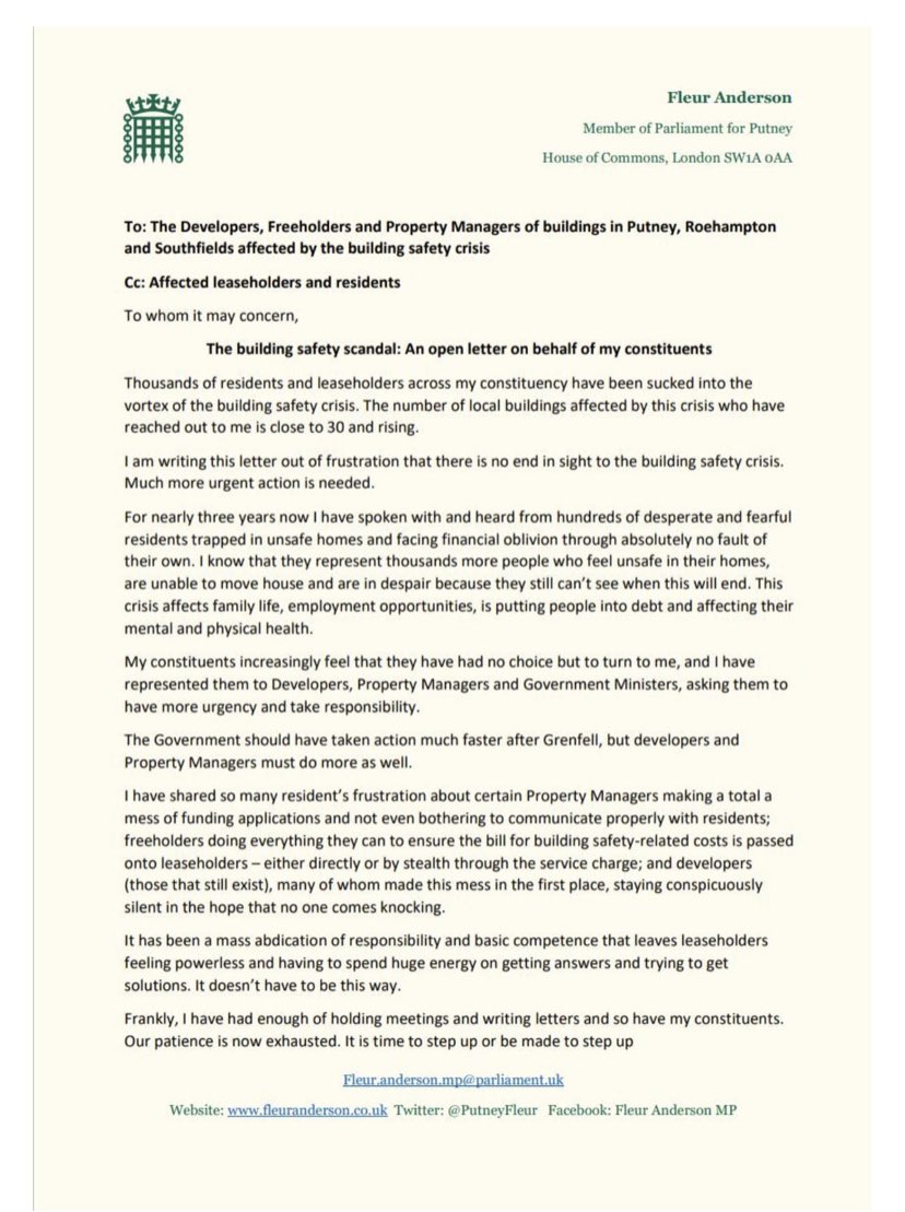 PutneyFleur's tweet photo. My open letter to the Freeholders, Developers and Property Managers of buildings in Putney, Roehampton and Southfields affected by the building safety scandal.

I have sent this to each individually - urgent action is needed.

@EOCS_Official  @ukcag https://t.co/Jt6BxmamxP