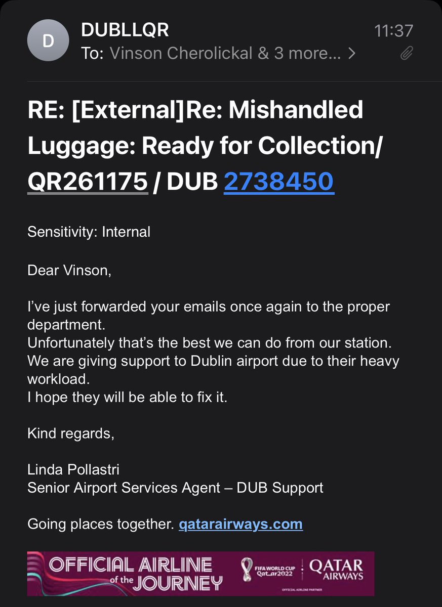 vinsonchero's tweet photo. @hyucklele611 @CNBCMiddleEast @qatarairways @_HadleyGamble @IATA In my case, the baggage is in Dublin Airport. I visited airport twice &amp; not allowed to enter &amp; get the baggage. @qatarairways don’t have a designated staff in Dublin where they daily fly twice or more. When contacting @qatarairways staff online everyone is helpless they say! https://t.co/C7xsrD8Xoj