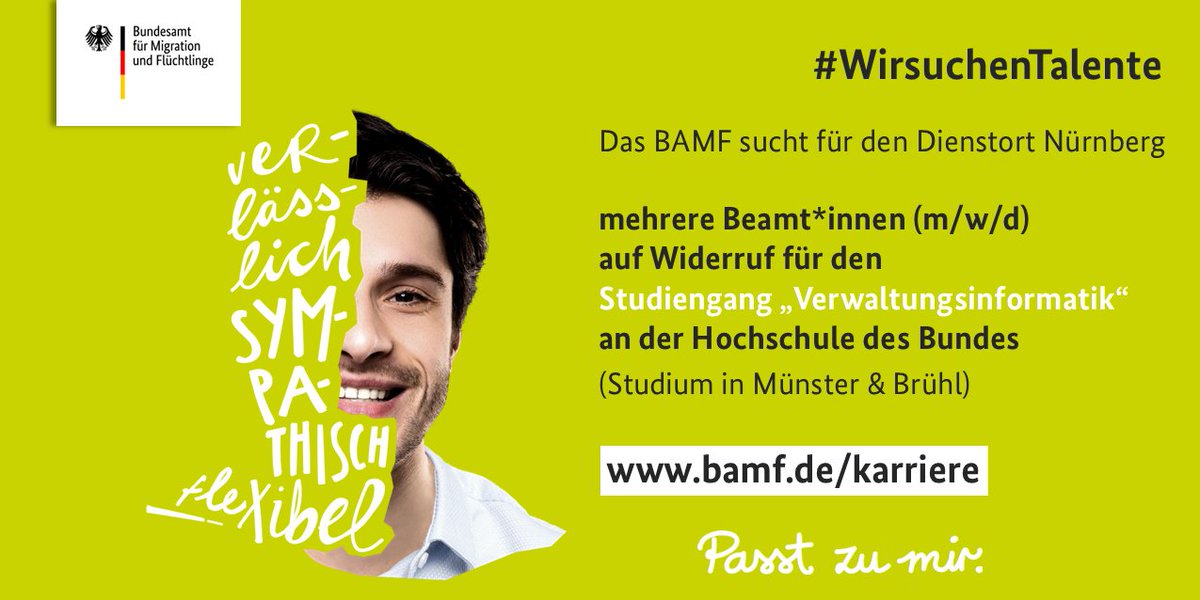 BAMF_Dialog's tweet image. 🎓 Wir suchen für die IT-Abteilung des Bundesamtes zum 1.4.2023 mehrere Beamt*innen (m/w/d) auf Widerruf für den Studiengang #Verwaltungsinformatik an der Hochschule des Bundes. Noch bis 4.10. bewerben! #DualesStudium #wirsuchenTalente #passtzumir ▶ service.bund.de/IMPORTE/Stelle…