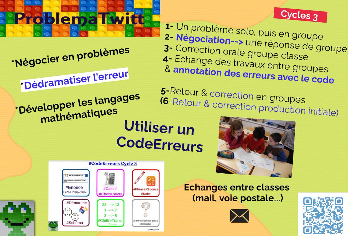 ProblemaTwitt's tweet image. 🟢💡Echanger les réponses à un problème avec une autre classe, et analyser les erreurs grâce à un &quot;CodeErreurs&quot;, ça vous dit ? 
🟡Inscriptions P1 ici (cycle 3) : forms.gle/YUTY4THF6HguLX…
🔵Détails ici : sites.google.com/view/problemat…
🟢CodeErreurs: sites.google.com/view/problemat…

A bientôt !