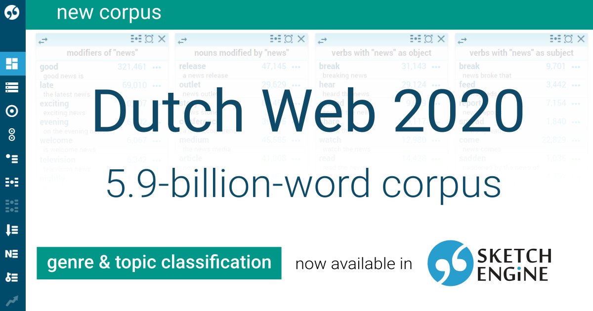 SketchEngine's tweet photo. Almost 6 billion Dutch words in one place. This is our new Dutch Web 2020 corpus. Explore Dutch collocations, generate thesaurus or word lists.
The corpus contains genre and topic classification.
See more https://t.co/5kOHc2X7AV
#corpuslinguistics #corpusanalysis https://t.co/j7Rt4oyOzw