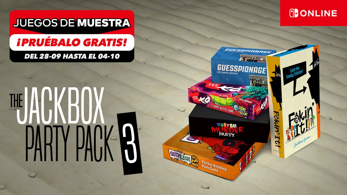 NintendoES's tweet photo. Tu próxima velada de juegos va a ser la mar de entretenida con el nuevo juego de muestra de #NintendoSwitchOnline: ¡The Jackbox #PartyPack3!

Descárgalo ya, y prepárate para una buena juerga a partir del 28-09: https://t.co/fP64QPKkGd https://t.co/cw5Gg2X4hv