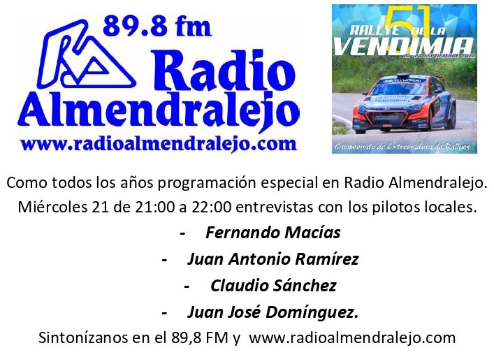 Josema898's tweet photo. RADIO ALMENDRALEJO 89,8 FM
Como todos los años programación especial en Radio Almendralejo de cara al 51º Rallye de la Vendimia. Hoy miércoles 21 de 21:00 a 22:00 entrevistas con los pilotos locales.
Sintonízanos en el 89,8 FM y https://t.co/51eAX2wGPb https://t.co/57Fgm58Wsh