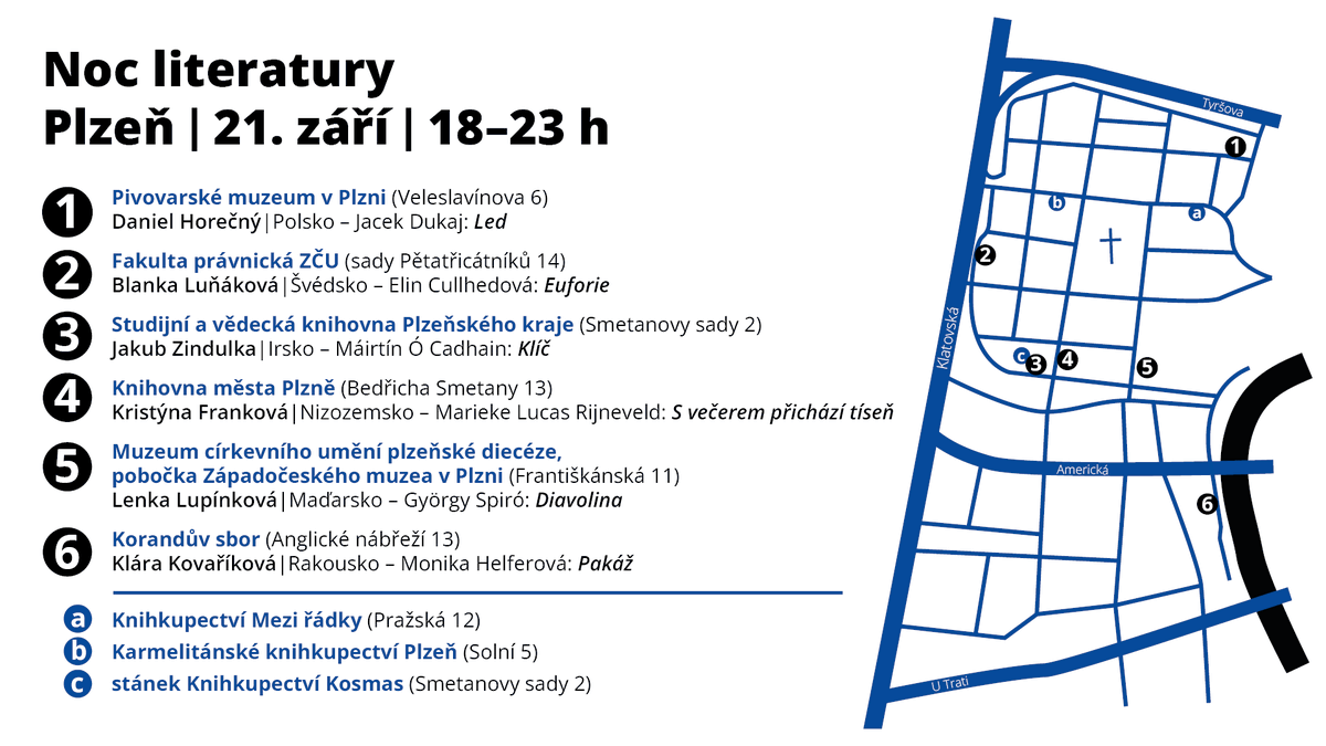 Dnes! 

Noc literatury zavítá do jindy nepřístupné Smetanovy síně v hlavní budově SVK PK, do Pivovarského muzea v Plzni, číst se bude i v Knihovně města Plzně a ve Fakultě právnické ZČU. Návštěvníky přivítá také Muzeum církevního umění plzeňské diecéze a Korandův sbor. #plzen