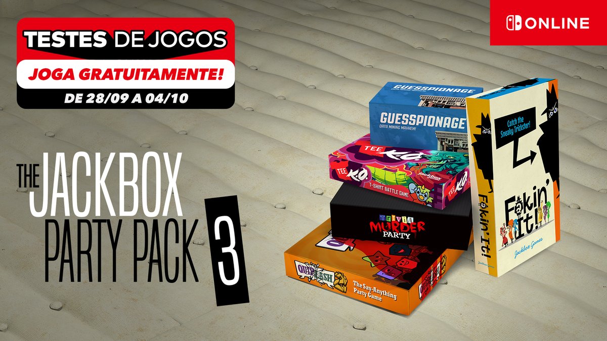 NintendoPT's tweet photo. A diversão está garantida na próxima noite com os vossos amigos! A versão de teste de The Jackbox #PartyPack3 já está disponível para os membros do #NintendoSwitchOnline.

Descarreguem já para poderem jogar imediatamente a partir de 28/09: https://t.co/GFsKWuQvpg https://t.co/TmZcyeru8B