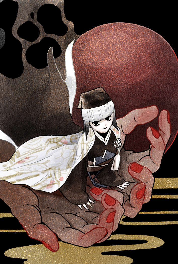 japanese clothes black eyes kimono 1girl disembodied limb black hair blunt bangs  illustration images