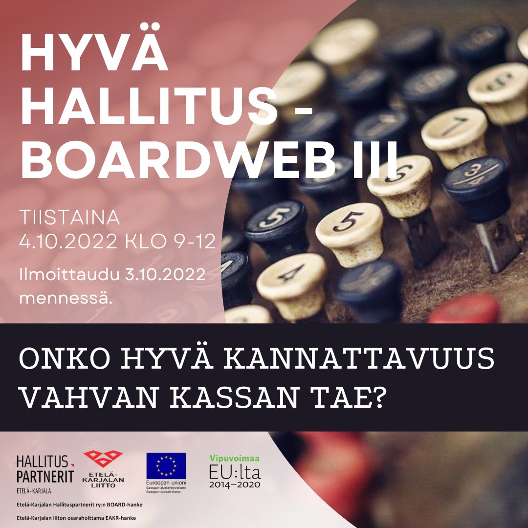 Mistä tietää, että yritys tekee kannattavaa liiketoimintaa? 
Ja milloin se näkyy yrityksen kassassa?
Kehitä yrityksen hallitustyöskentelyä, ilmoittaudu mukaan maksuttomaan webinaariin.
etela-karjala.hallituspartnerit.fi/tapahtumat/ 
#ekhp #board2022 #kehittyvähallitus #hallitustyö #stategia #johtaminen