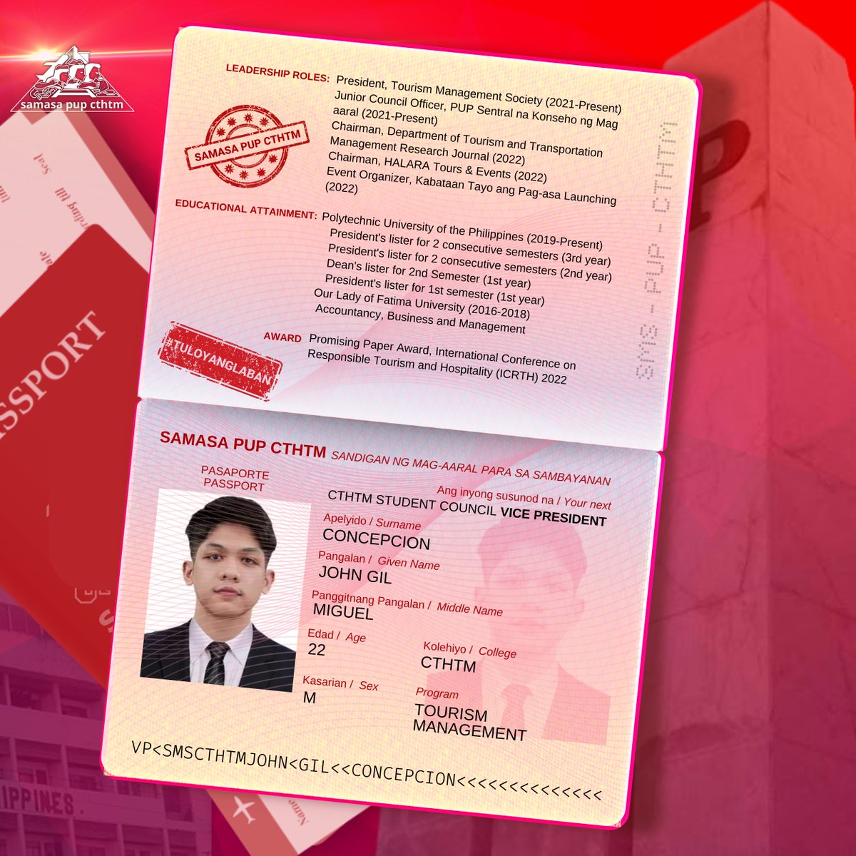 samasapupcthtm's tweet photo. ๐๐ถ๐น๐ฎ๐น๐ฎ๐ป๐ถ๐ป!
Gil Concepcion ang inyong susunod na bise presidente para sa Konseho ng College of Tourism, Hospitality, and Transportation Management.
#SAMASAPUP
#SAMASAPUPCTHTM
#PUPCTHTM
#PUPHalalan2022
#MarasiganConcepcionForCTHTMSC https://t.co/lE0X5RV8Wo