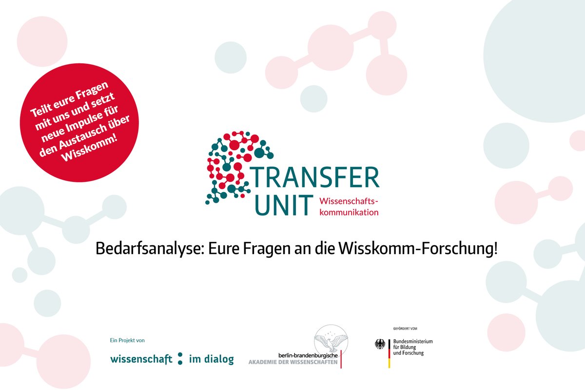 Was wolltet ihr schon immer von der #Wisskomm-Forschung wissen? Die #TransferUnit, die wir gemeinsam mit <a href="/bbaw_de/">BBAW</a> realisieren, sammelt eure Fragen, um die wichtigsten Erkenntnisse aus der Forschung für die Praxis aufzubereiten. 🔎💡
Jetzt mitmachen:
wissenschaftimdialog.limesurvey.net/578947?lang=de