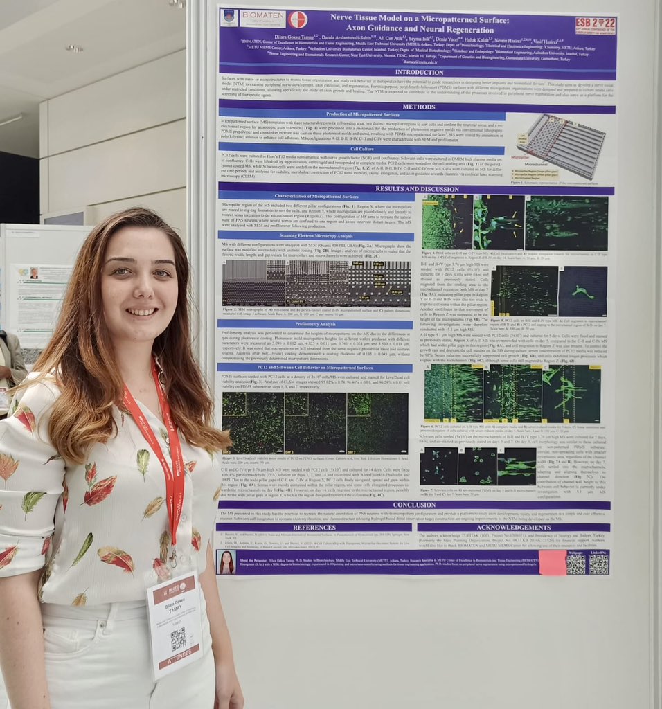 BIOMATEN's tweet photo. Dilara Göksu Tamay, a PhD student at our center presented her poster titled as "Nerve Tissue Model on a Micropatterned Surface: Axon Guidance and Neural Regeneration" at #ESB2022. https://t.co/ywEkGWkmuW