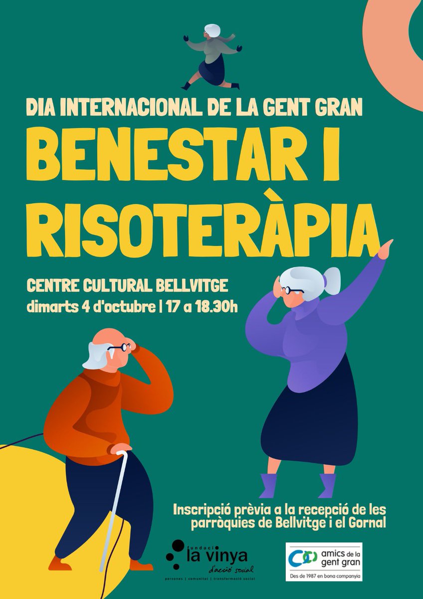 fundaciolavinya's tweet photo. 😮 El dimarts 4 d’octubre volem celebrar com cal el Dia Internacional de la Gent Gran

Ho farem amb un taller de Benestar i Risoteràpia al CC Bellvitge

✍️ Us podeu inscriure a la recepció de les parròquies de Bellvitge i el Gornal https://t.co/fQMVrFYxa7