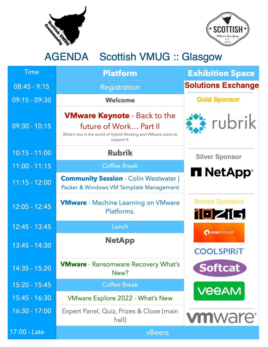 Scottish VMUG in person event next Wednesday! (Sept 28th in Glasgow) Sign up now my.vmug.com/s/community-ev…
Here is the agenda: