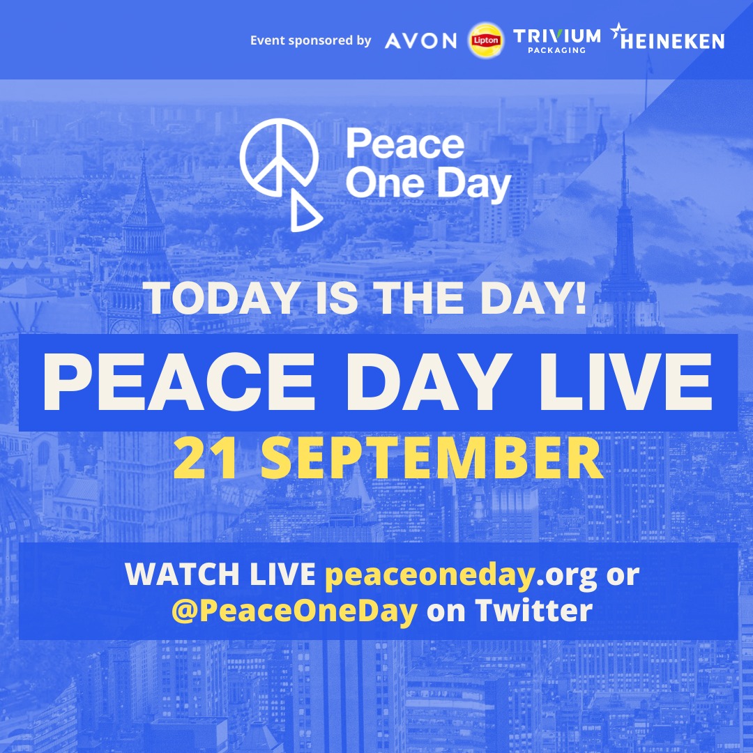 PeaceOneDay's tweet photo. Today is the day! Peace Day Live begins at 1pm BST on 21 September. Tune in to see special interviews, words of peace, musical performances, panel discussions, and more! Watch the free broadcast on https://t.co/lhq7TbfiVq or on Twitter @peaceoneday. https://t.co/ITMos3o3Vf
