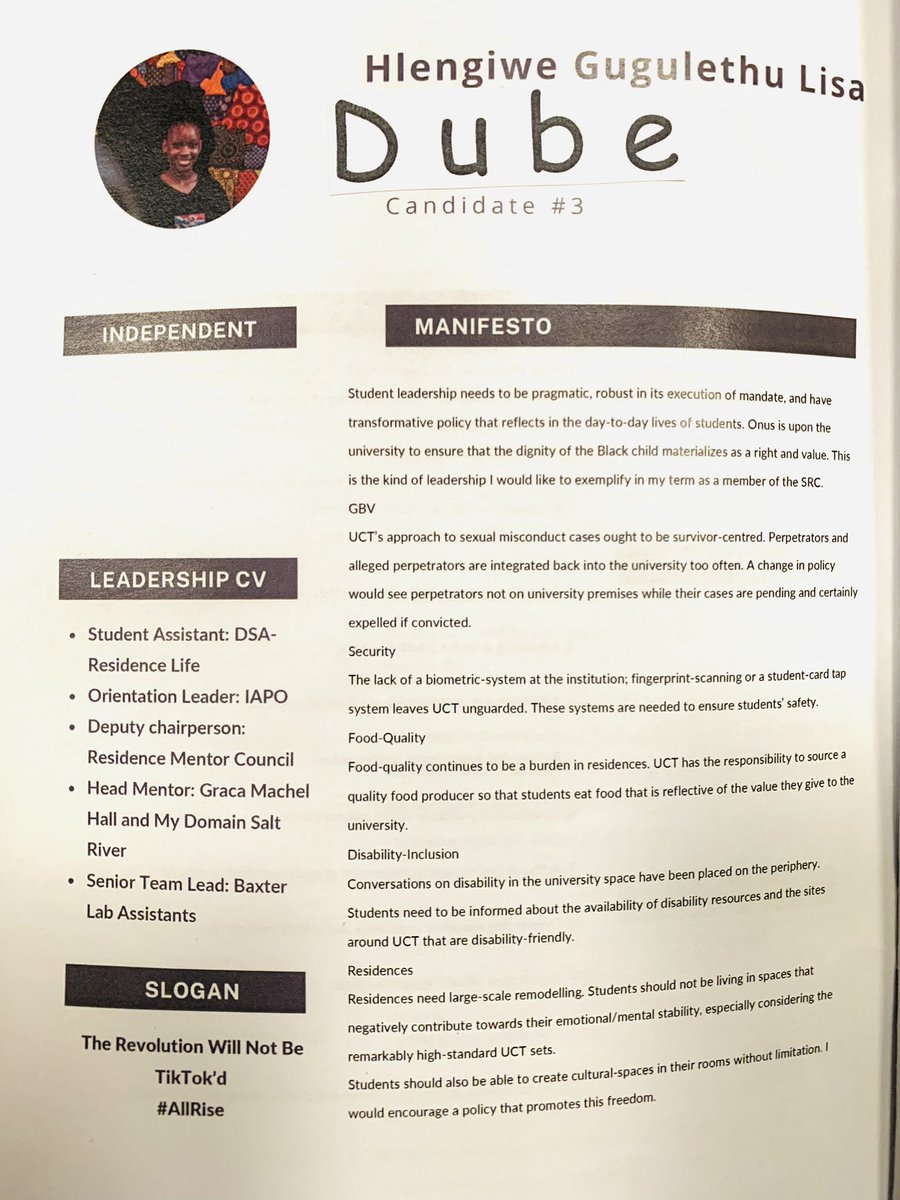 tebogomabusela_'s tweet photo. #MANIFESTO
HLENGIWE GUGULETHU LISA DUBE
#IgniteYourRight
#UCTChallenge
#UCTSRCElections
#YearOfIndependents https://t.co/7fq0uLLw7s
