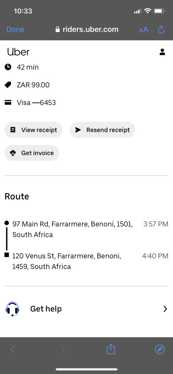 Char_a25's tweet photo. @Uber_Support @Uber I have been charged for a lift that didn't happen. I did not travel to Kempton Park. 
A 3.8km lift does not cost R99! 

I have sent emails. Please fix this. https://t.co/J7y7zUhIzA