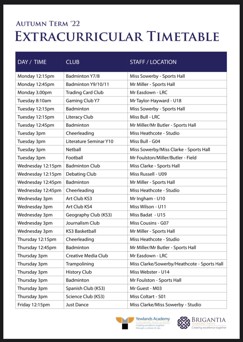 Yewlands Academy (@ya_oldaccount) on Twitter photo ⭐️We are exited to share the final Extracurricular Timetable for HT1 ⭐️
Please encourage your child to take part in at least one ‘club’ a week as there are such huge benefits to engaging in the full ‘Student Experience’ 👏🏼<a href="/brigantialearn1/">Brigantia Learning Trust</a> #creatingexcellencetogether ⭐️We are exited to share the final Extracurricular Timetable for HT1 ⭐️
Please encourage your child to take part in at least one ‘club’ a week as there are such huge benefits to engaging in the full ‘Student Experience’ 👏🏼<a href="/brigantialearn1/">Brigantia Learning Trust</a> #creatingexcellencetogether