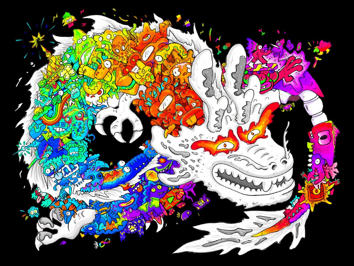 happy soooooooooo much with the result of this piece, hope you guys enjoy with this “The king of white dragon with his doodle friends”

#doodle #NFTs