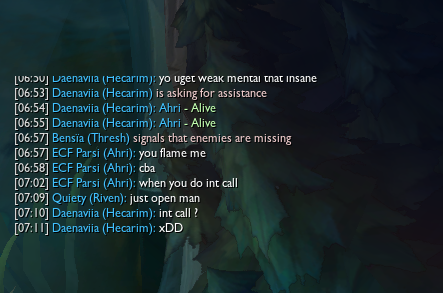 Yo <a href="/1ECFrankfurt/">1. Esport Club Frankfurt e.V.</a> Nette Spieler die euch da vertreten in der Soloq! Einfach mal afk in der Base rumstehen und nicht spielen ist definitiv nen top mental! Liebe ich ja sowas :)