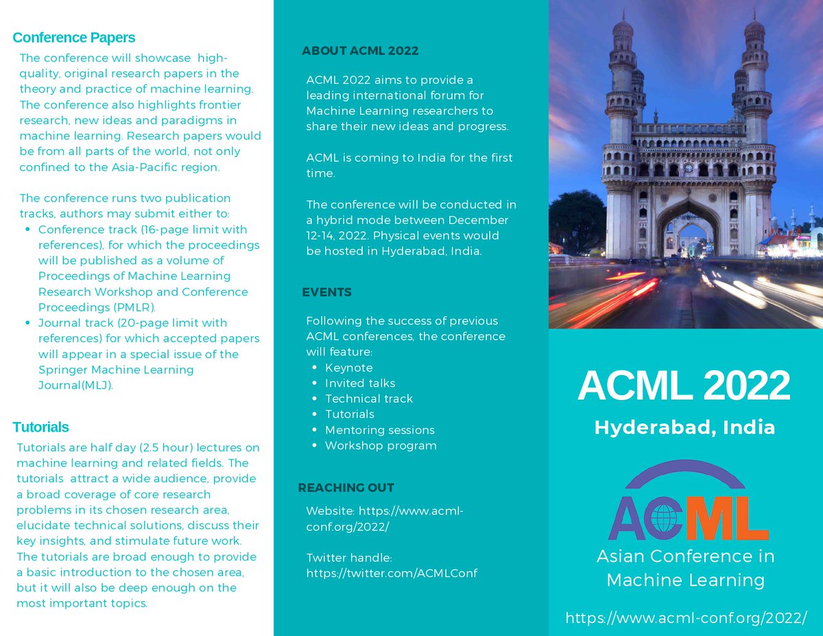 IITHyderabad's tweet image. #ACML is coming to India for the first time.

ACML(Asian Conference on Machine Learning) 2022 aims to provide a leading international forum for Machine Learning researchers to share their new ideas and progress.