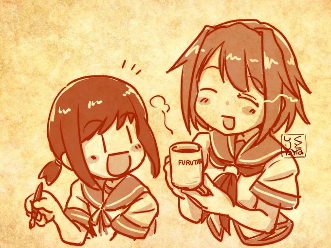 ふだんほとんどピンでしか描けないけれど、二人っていうとたいていこの組み合わせ。ふぶたかはいいぞ。 