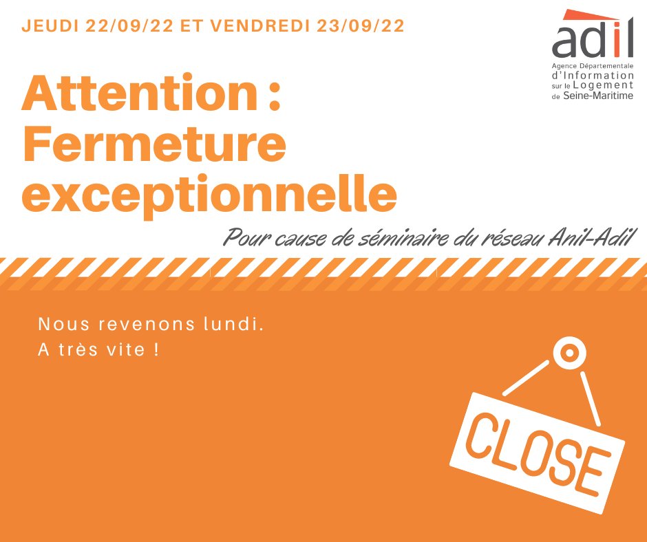 ⚠️ ATTENTION ⚠️

L'ADIL 76 est exceptionnellement fermée les jeudi 22/09/22 et vendredi 23/09/22 pour cause de séminaire du réseau Anil-Adil.

Nous revenons lundi, 
A très vite !

#Adil #adil76 #logement #AnilAdil
