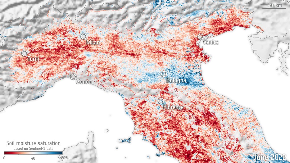 ESA_EO's tweet photo. 🆕soil moisture maps at 1 km resolution with @CopernicusEU #Sentinel1 data😱
This degree of resolution will make it possible to assess the availability of water and better predict drought over narrower swathes of land: https://t.co/YE5ysMIROG

(📸soil moisture Italy - June 2022) https://t.co/79BtxL0kDs