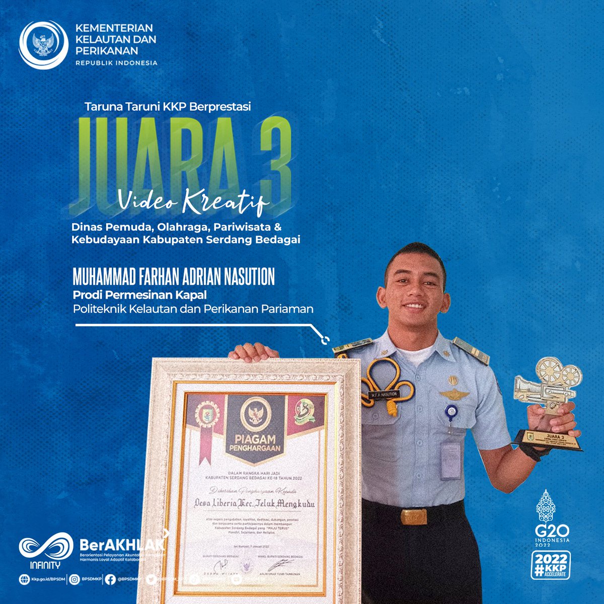 #SobatBahari, dlm mengenyam pendidikan,taruna/i satuan pendidikan <a href="/kkpgoid/">KKP RI</a> hrs produktif, kreatif &amp; inovatif. M. Farhan Adrian Nasution salah satunya. Taruna <a href="/PoltekKPPrm/">Poltek KP Pariaman</a> ,Prodi Permesinan Kapal ini, tak henti mengasah kreativitasnya yg ia buktikan melalui kompetisi video kreatif