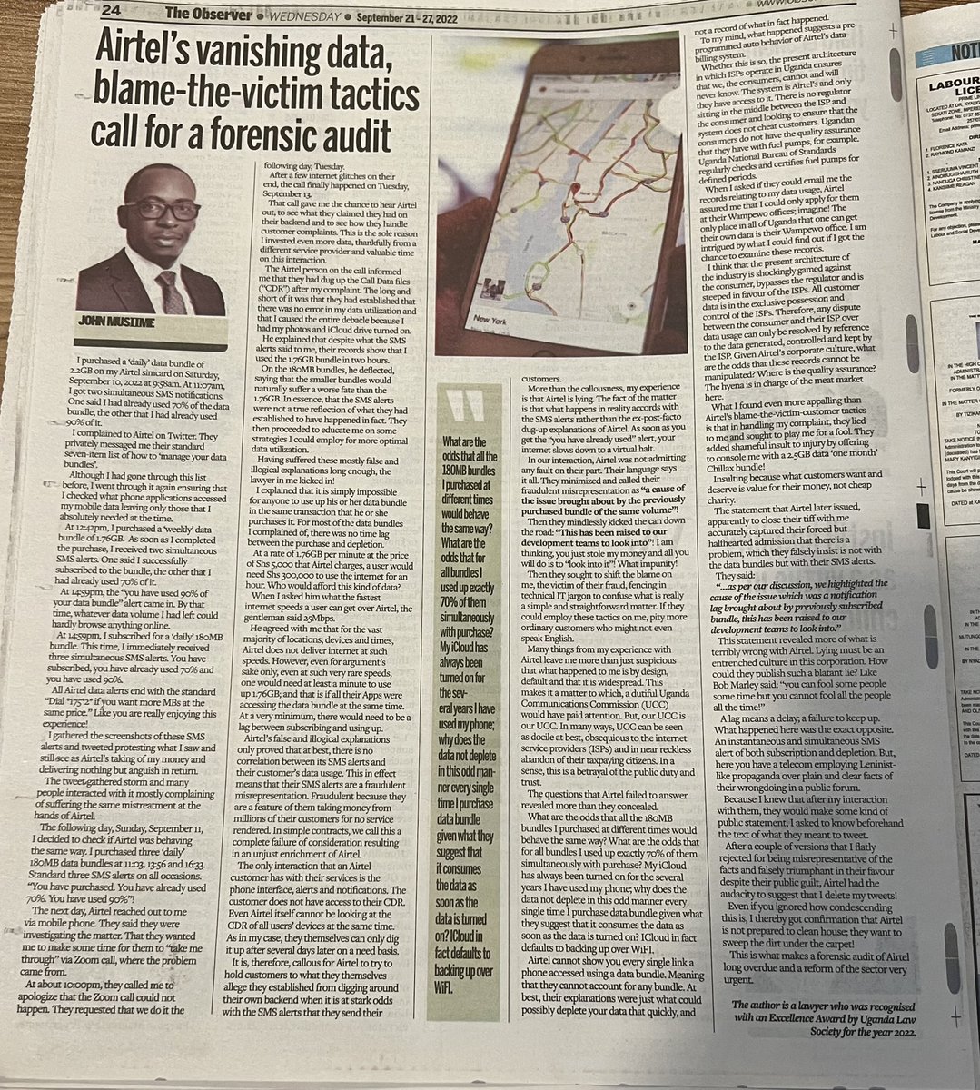 Jonekyoma's tweet photo. I thank @observerug for according invaluable space to our cause for a forensic audit of @Airtel_Ug and a reform of the ISP sector to protect Uganda consumers from this ‘wild wide west’ of exploitation. The issues must be SOLVED. Customer mgt tactic’s won’t do this time! @Opiaiya https://t.co/QfpPyKqy0T