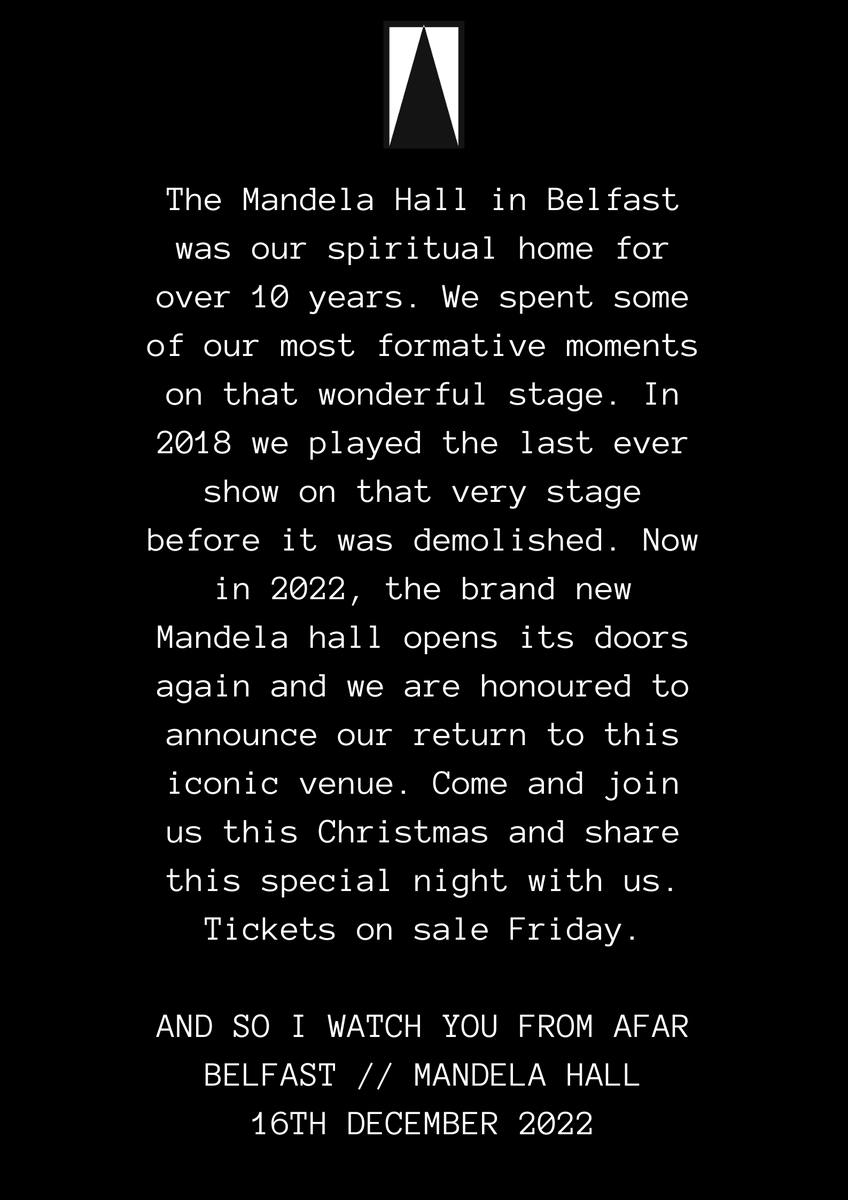 AND SO I WATCH YOU FROM AFAR
BELFAST // MANDELA HALL
16TH DECEMBER 2022

Tickets onsale Friday: Tickemaster.ie