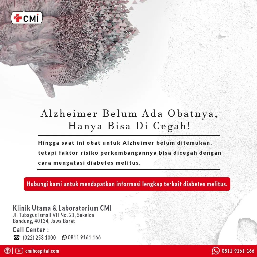 cmihospitals's tweet photo. Alzheimer dapat dicegah dengan mengurangi berbagai pemicunya, salah satunya adalah diabetes melitus. Karenanya, jadilah yang pertama untuk melindungi keluarga Anda. Salam sehat, Indonesia!

#komplikasidiabetes #solusiCMI #CMIHospital #bersamaCMI #cegahdiabetes #cegahalzheimer https://t.co/0MGxPROEDz
