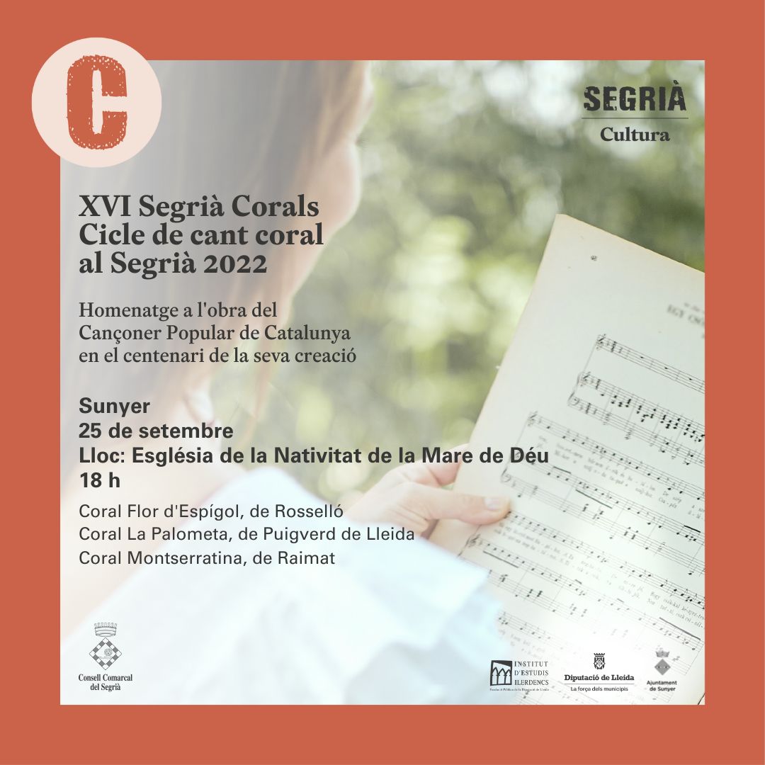 SegriaCultura's tweet photo. 🔊 Aquest diumenge tornarem a gaudir del cant coral amb un concert més del XVI #SegriaCorals!
🕖18 h
📍Sunyer
🎶Corals Flor d'Espígol, La Palometa i Montserratina
🤗No us ho perdeu !
#Segrià #TerraDePonent #TerraDeCultura https://t.co/vag3jThGYr