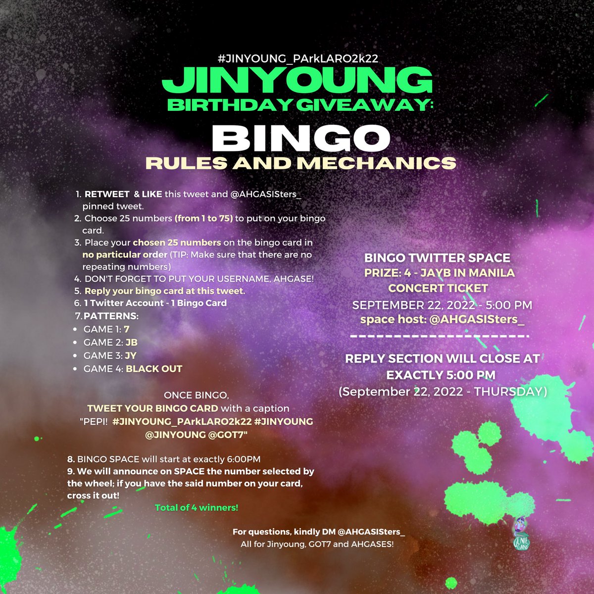 AHGASISters_'s tweet photo. [JINYOUNG BIRTHDAY BINGO] 

4 JAYB IN MANILA CONCERT TICKET GIVEAWAY 

Get ready to tweet “PEPI!” 

Join us this THURSDAY~ as we celebrate Jinyoung’s birthday 
💚🎂

09.22.22 - 5PM 

#JINYOUNG_PArkLARO2k22
#JINYOUNG @JINYOUNG @GOT7 https://t.co/NjsQNNHBiq