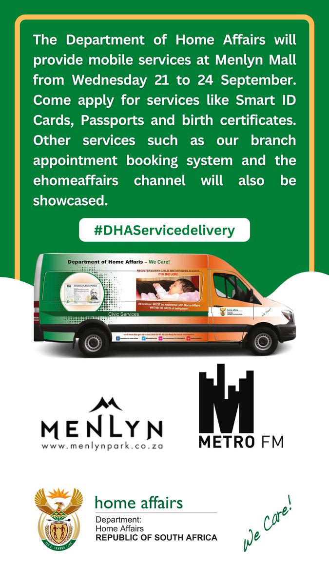 Today we are @MenlynSA bringing services to the people. Come visit #DHA mobile offices between 9am and 4pm to apply for your #SmartIDCard, #Passport or #BirthCertificate #MyIDMyheritage #DHAServiceDelivery