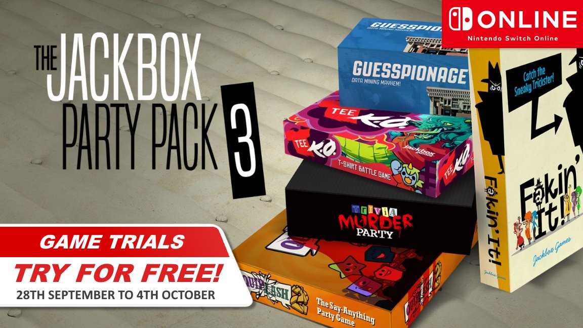 NintendoPlayUK's tweet photo. 😂 Show your funny side with The #Jackbox #PartyPack3, FREE to download and play for UK #NintendoSwitchOnline subscribers next week on the Game Trials service. 

Download now so you're ready to party from 28th Sept: https://t.co/lXoxdtcO7T https://t.co/F47m1aGO8m