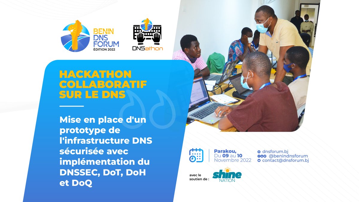 benindnsforum's tweet photo. Le Hackathon Collaboratif sur le DNS du #BeninDNSForum2022 aura lieu à Parakou. Si vous êtes amoureux des aspects techniques de la cybersécurité et des systèmes de noms de domaine, inscrivez-vous avant le 30 septembre 2022 via https://t.co/OUGqZDmt31
#BDF2022 #DNSathon #Team229 https://t.co/eJnV6UbLJQ