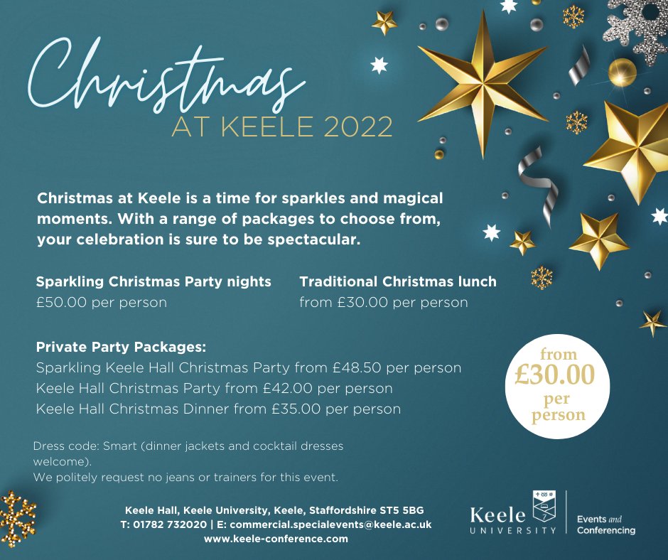 Christmas at Keele is a time for sparkles and magical moments. Why not book early to get your festive celebration into the diary on the date that suits you best? 

Download the Christmas brochure here: keele-conference.com/conferences-ev…
 #christmas2022 #keelehall #christmasparties